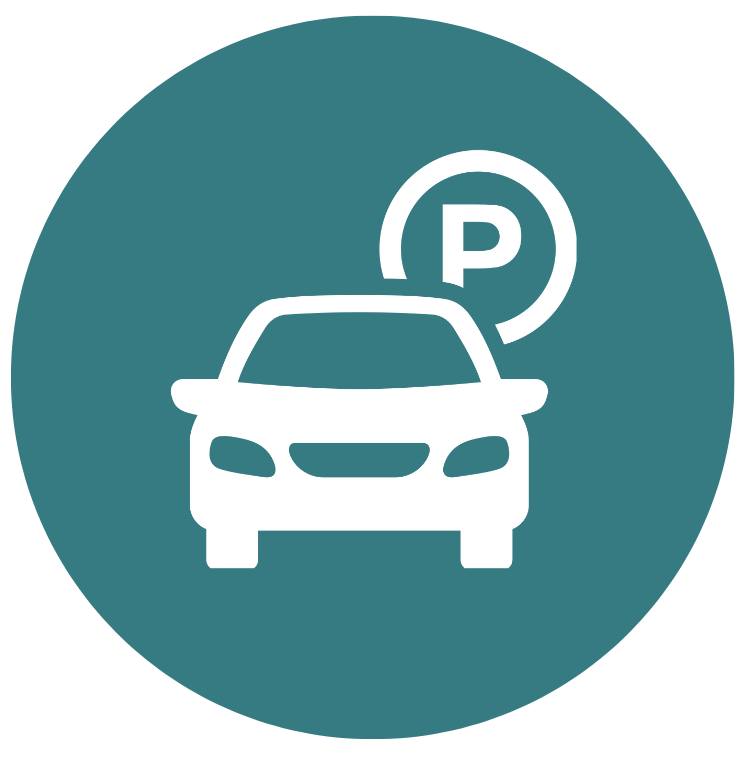 Icon with car and parking symbol.